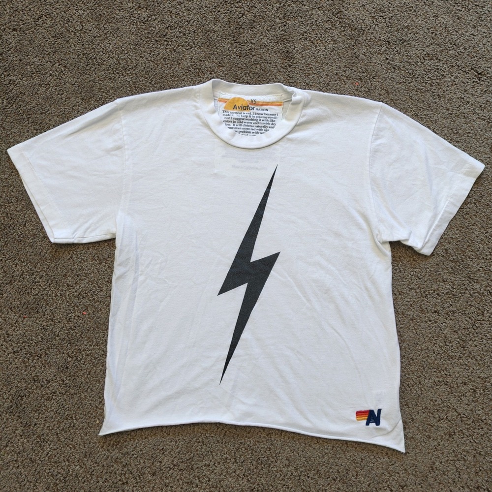 Aviator Nation Womens White Lightning Bolt Graphic T-Shirt Raw Hem XS USA Made - Picture 2 of 9
